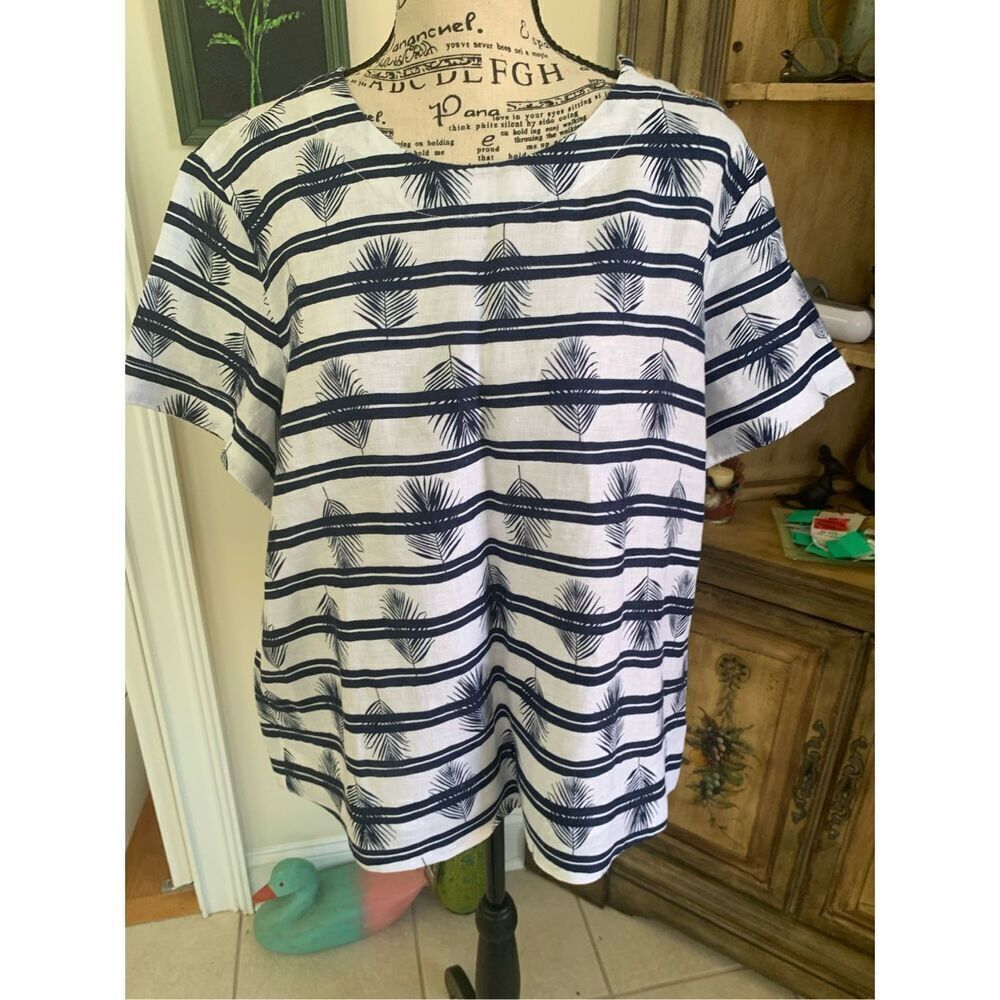 Lands End Blouse Tunic Linen Navy White Fern Print Nautical Beach